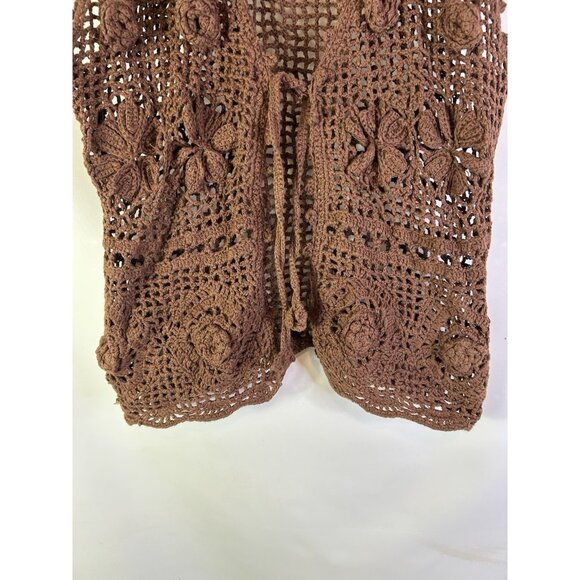 VTG 90s Hand Knit Crochet Floral Vest Shirt Boho Rave Coastal - Picture 7 of 8